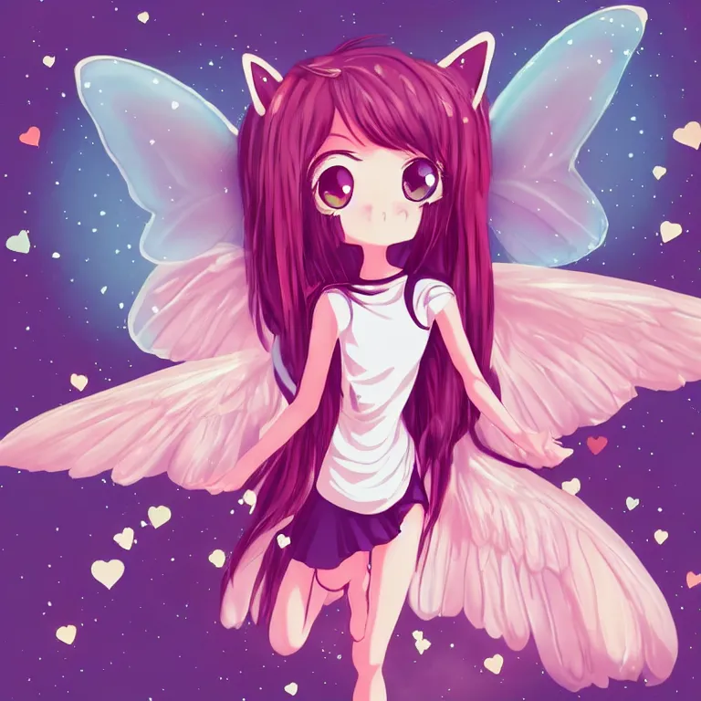 Image similar to cute, full body, female, anime style, a cat girl with fairy wings, large eyes, beautiful lighting, sharp focus, simple background, creative, heart effects, filters applied, illustration