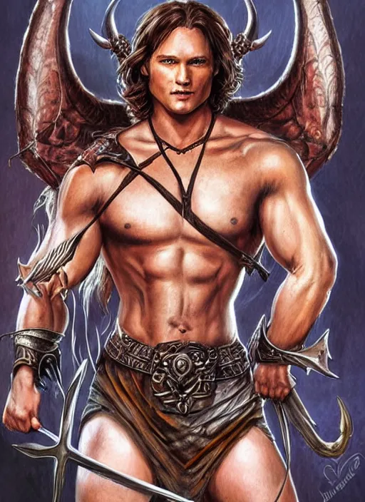 Prompt: front portrait of attractive Sam Winchester as a muscular warrior holding crossed swords metalic wings wide open, teared apart T-Shirt whole body tattooed with runes and satanic symbols, D&D!, fantasy style, sharp focus!, ultra detailed, art by Artgerm and Peter Andrew Jones, WLUP
