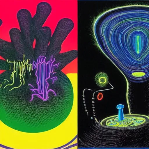 Image similar to dark black void filled with neon energy, extremely detailed masterpiece by dr. seuss and max ernst