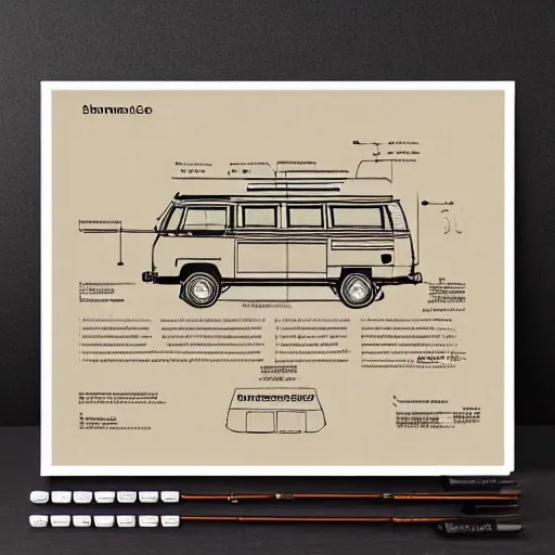 Image similar to detailed schematic for a vw vanagon with rocket engines, faded parchment, aged, descriptions, highly detailed, 8 k,