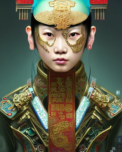 Image similar to portrait of a chinese cyberpunk machine, machine face, arms, upper half portrait, decorated with chinese opera motifs, regal, asian, fine china, wuxia, traditional chinese art intricate intense elegant 京 剧 highly detailed digital painting artstation concept art smooth sharp focus illustration, art by artgerm and greg rutkowski alphonse mucha 8 k