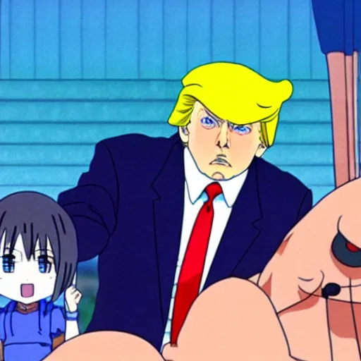 Image similar to Donald Trump as an anime character from Studio Ghibli