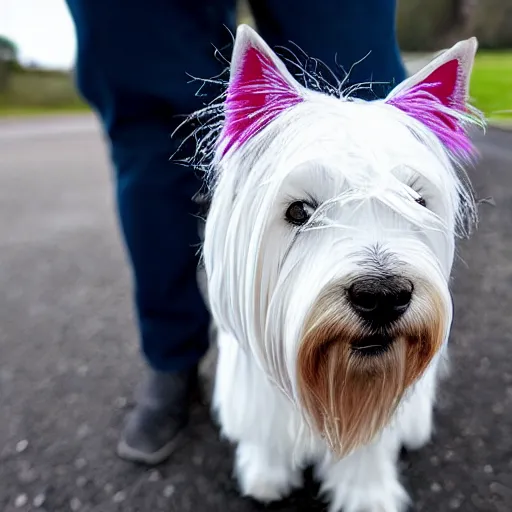 Prompt: Photogrpah of a West Highland Terrier wearing dressed as the Joker