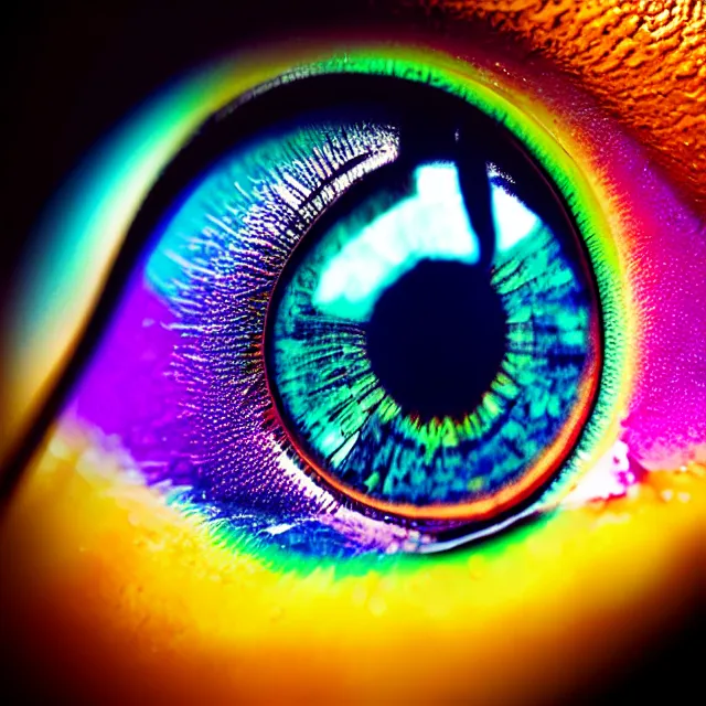 Image similar to a close up view of a colorful eye, a macro photograph, featured on cg society, macro lens, ultra detailed, macro photography, atmospheric lighting, intricate, volumetric lighting, beautiful, sharp focus, in the art style of marc simonetti, bowater charlie and brom gerald, astrophotography