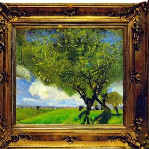 Prompt: by john lavery kokedama, vignetting expressive, shadowy. a beautiful installation art depicting a farm scene. the installation art shows a view of an orchard with trees in bloom.