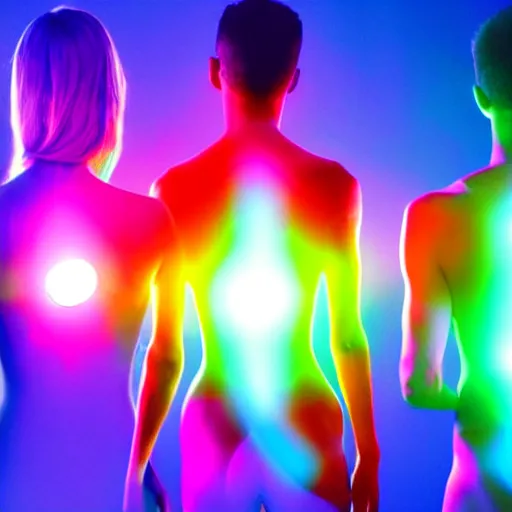 Image similar to diverse groups of humans with glowing electronic body implants projecting amazing images collectively, from behind, rebirth, beauty, wide angle, elaborate, wet, highly detailed, colors, beautiful lighting