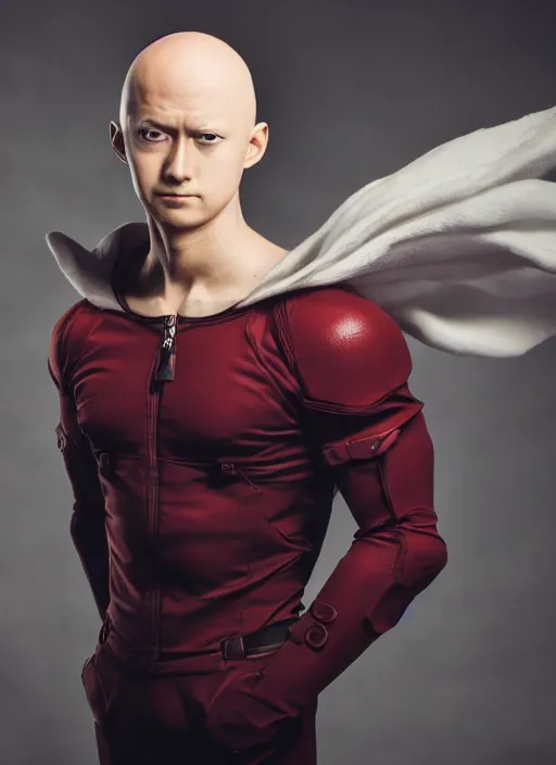 Image similar to A full portrait photo of real-life saitama one punch man, f/22, 35mm, 2700K, lighting, perfect faces, award winning photography.