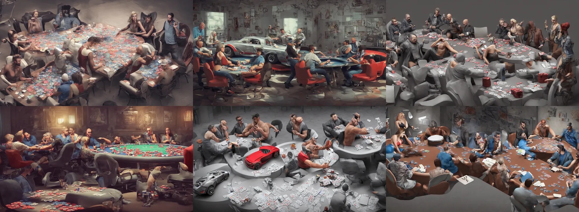 Prompt: Hyper-realistic 3D render of cars with big personalities and human bodies playing poker around a table, sculpture, unreal engine, octane render, octane Redner, 3D, brilliantly colored, intricate, trending on artstation, HDR, polished, ray tracing, 8k.