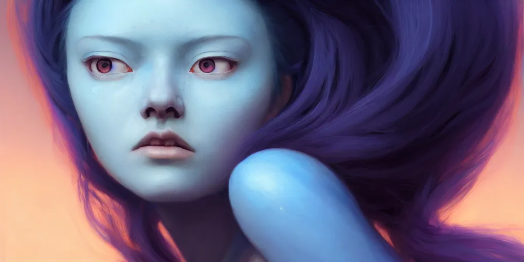 Prompt: portrait of a big eyed blue haired teenage girl looking sad to the camera, powder from the tv series arcane, extremely detailed digital painting, in the style of fenghua zhong and ruan jia and jeremy lipking and peter mohrbacher, mystical colors, rim light, beautiful lighting, 8 k, stunning scene, raytracing, octane, trending on artstation