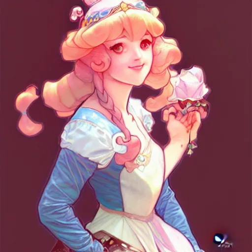 Prompt: an adorable princess peach by krenz cushart, artgerm, alphonse mucha, akihiko yoshida