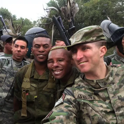 Image similar to a soldier takes a selfie with tribesmen.