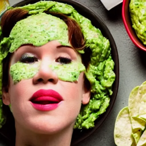 Image similar to molly ringwald face on a pile of guacamole