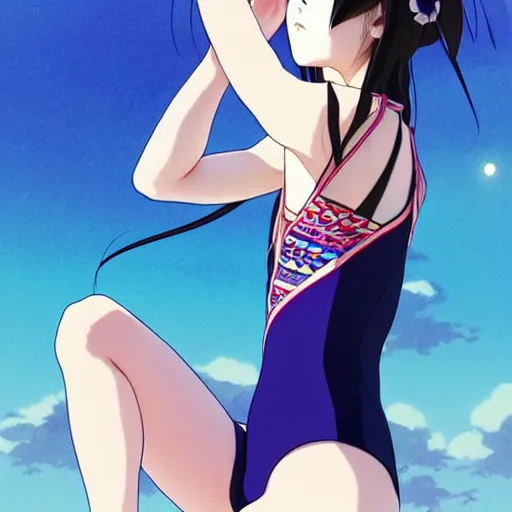 Image similar to a beautiful boyish japanese emma watson alluring instagram model, wearing elegant japanese hiphop leotard outfit with subtle mayan patterns and native fashion, aztec street fashion bathing suit, jrpg fashion, gapmoe yandere grimdark, trending on pixiv fanbox, painted by greg rutkowski makoto shinkai takashi takeuchi studio ghibli, akihiko yoshida