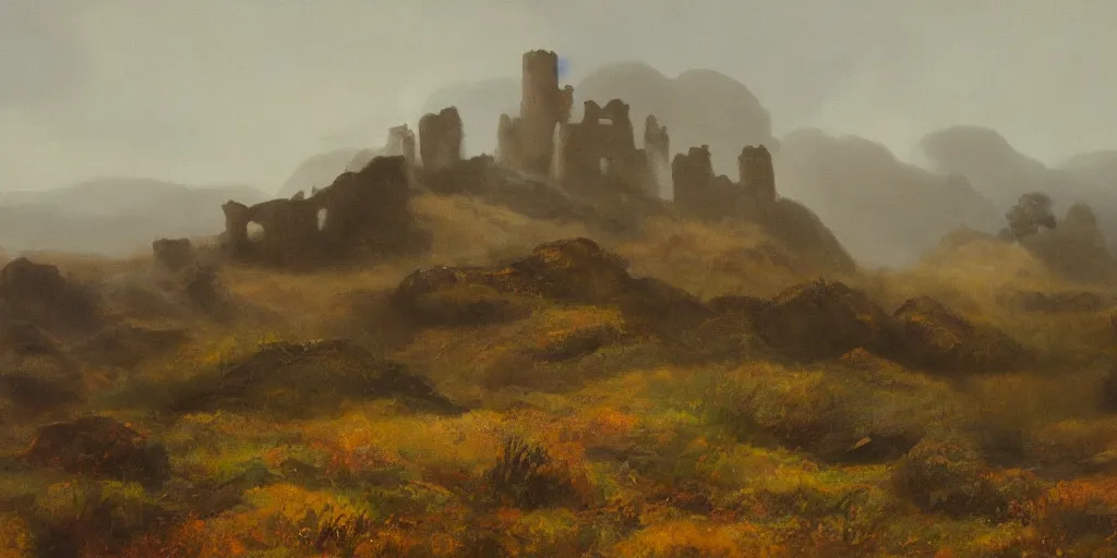 Prompt: painting of rocky highlands covered in mist with a ruined castle in the far distance, muted colors