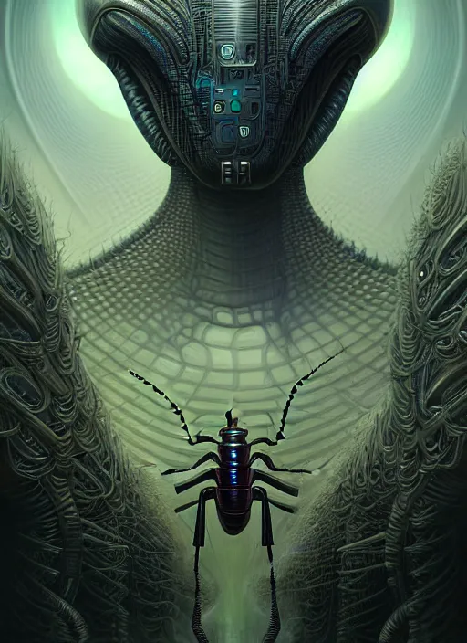 Image similar to portrait shot of alien insect cybertronic in a scenic dystopian environment, intricate, elegant, highly detailed, centered, digital painting, artstation, concept art, smooth, sharp focus, illustration, artgerm, tomasz alen kopera, peter mohrbacher, donato giancola, joseph christian leyendecker, wlop, boris vallejo