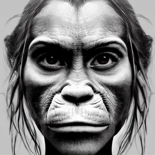 Image similar to Very funny actress Emma Watson looking like an old monkey, monkey, Emma Watson actress monkey face, like gorilla, chimpanzee, colorful painting on grey scale face, powerful , magic, thunders, dramatic lighting, intricate, wild, highly detailed, digital painting, artstation, concept art, smooth, sharp focus, illustration, art by artgerm and greg rutkowski and alphonse mucha, footage