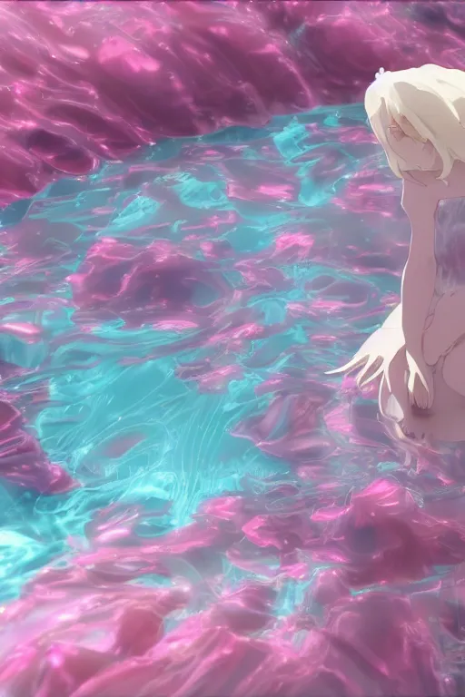 Prompt: 3D CG anime Land of the Lustrous Houseki no Kuni character Ventricosus translucent very pink jelly woman with thick chest size and pink transparent dress frills floating at the bottom of the ocean near the surface, sun rays shine through the water, beautiful composition, 3D render, cel shaded, 8k, key visual, made by Haruko Ichikawa, Makoto Shinkai, studio Ghibli, Kyoto Animation