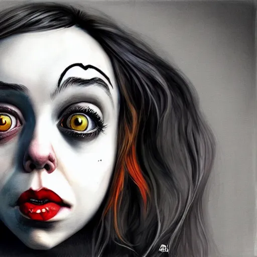 Prompt: surrealism grunge cartoon portrait sketch of billie eilish with a wide smile by - michael karcz, loony toons style, pennywise style, horror theme, detailed, elegant, intricate