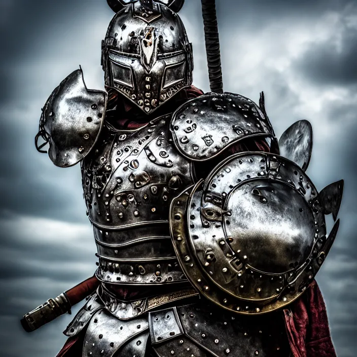 Image similar to photo of a warrior with metal bear themed armour, highly detailed, 4 k, hdr, smooth, sharp focus, high resolution, award - winning photo