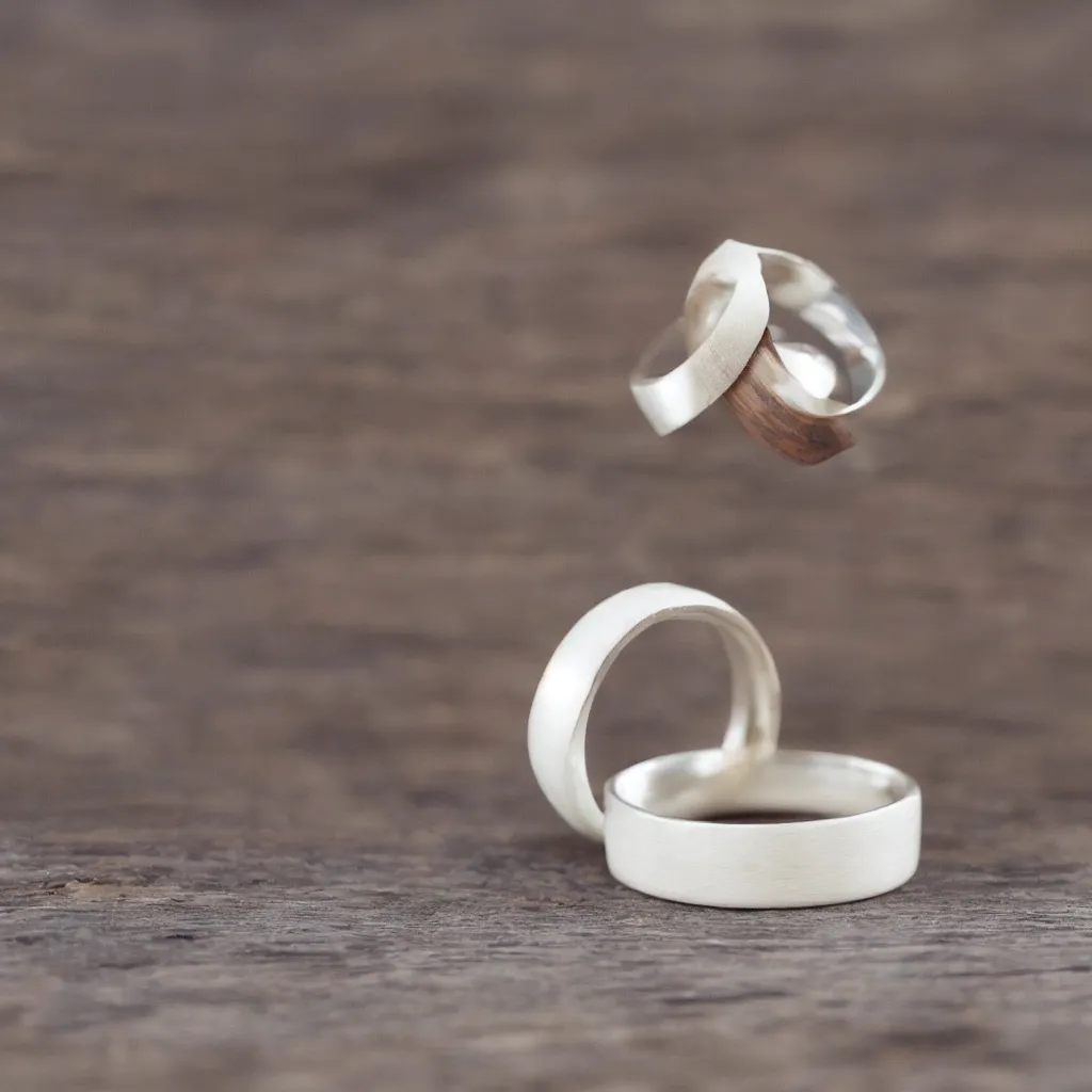 Prompt: the most beautiful wedding ring made from wood in a surrealist style, product photo, white background