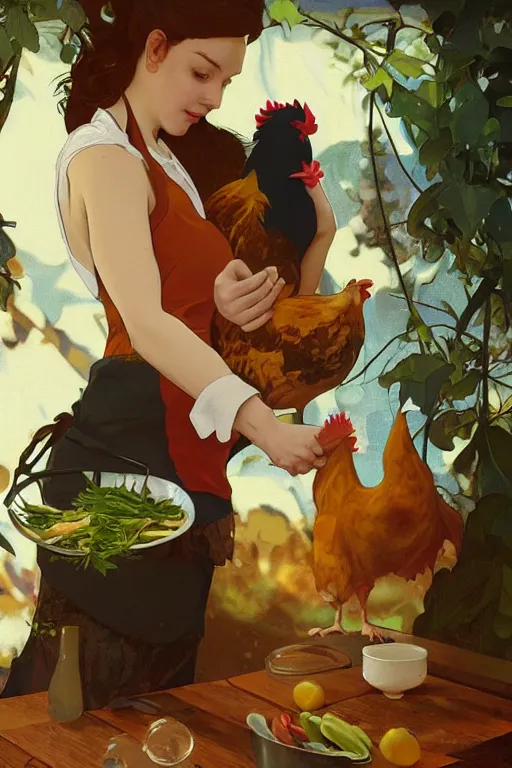 Prompt: a woman cooking dinner with her pet chicken, digital painting, artstation, concept art, smooth, sharp focus, illustration, art by virmeer and alphonse mucha