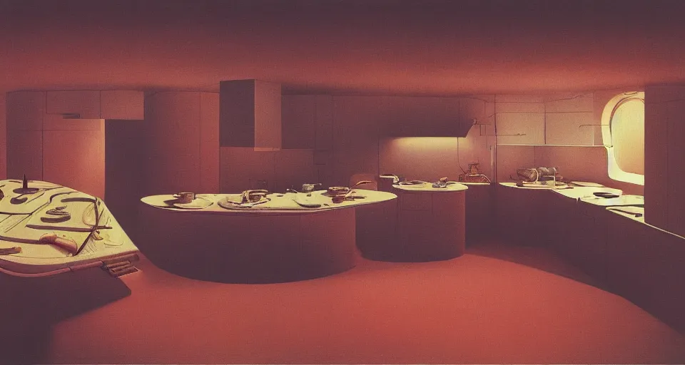 Image similar to IKEA catalogue photo of a kitchen on a spaceship, by Beksinski