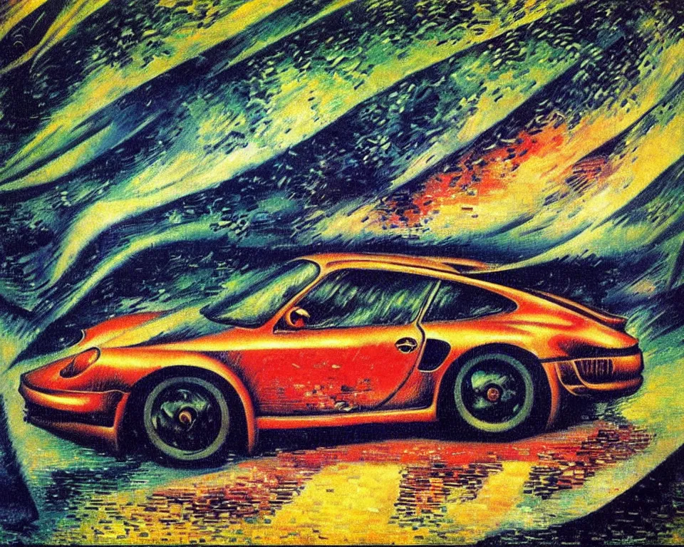 Prompt: a porsche in a monsoon by umberto boccioni. detailed, proportional, romantic, enchanting, achingly beautiful, graphic print, trending on artstation, jungle, tropical, foliage