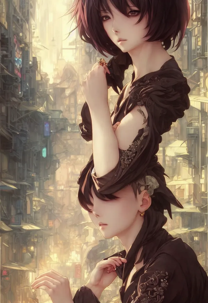 Prompt: beautiful anime female with short hair, fashion model body, in downtown Tokyo, D&D, fantasy, intricate, elegant, highly detailed, digital painting, artstation, concept art, smooth, sharp focus, illustration, art by artgerm and KyuYong Eom and WLOP and Krenz Cushart and greg rutkowski and alphonse mucha