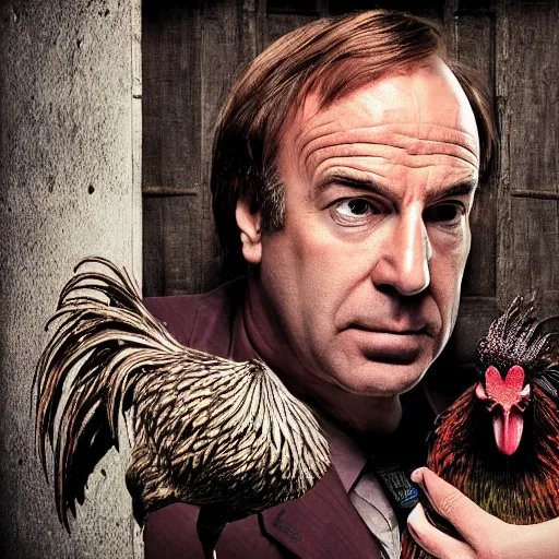 Image similar to saul goodman and a rooster in a medieval torture chamber, saw blades and knives in the background, horror movie, saul goodman, rooster, real life photo, detailed face