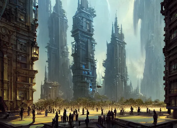 Image similar to a large group of people standing around a building, a detailed matte painting by stephan martiniere, cgsociety, fantasy art, concept art, matte painting, matte drawing