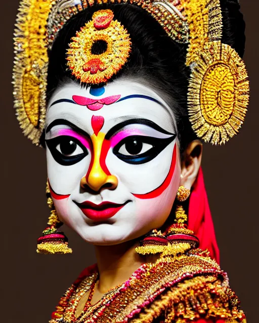 Image similar to photo of a gorgeous young Kathakali dancer wearing elaborate makeup and full kathakali costume in the style of stefan kostic, realistic, sharp focus, symmetric, 8k high definition, insanely detailed, intricate, elegant, art by stanley lau and artgerm, William-Adolphe Bouguereau