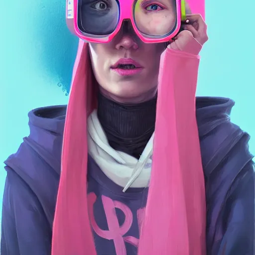 Image similar to Portrait of a woman by Greg Rutkowski, symmetrical face, a girl withj neon pink bob hair wearing a VR Headset, Kubric Stare, crooked smile, she's wearing an oversized hoodie, highly detailed portrait, scifi, digital painting, artstation, book cover, cyberpunk, concept art, smooth, sharp foccus ilustration, Artstation HQ