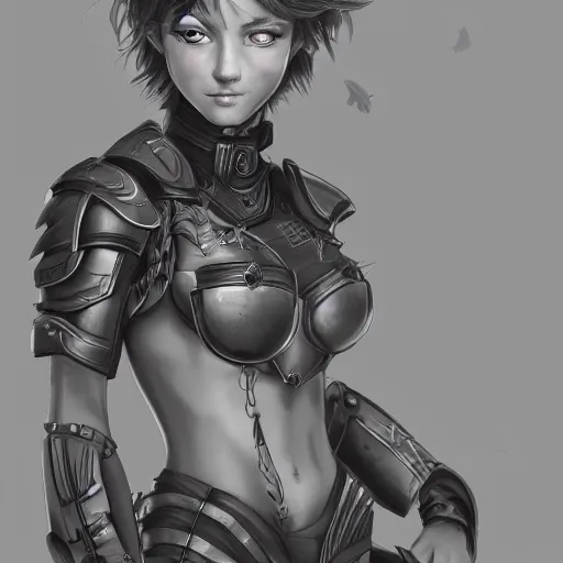 Prompt: very detailed Illustration of a girl with an armored bra, beautiful girl, short hair, detailed, 2d concept art