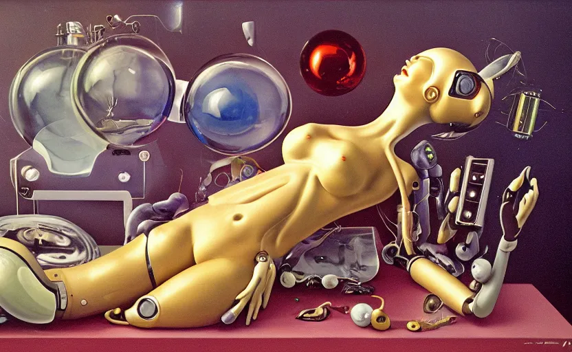 Image similar to strange seductive futuristic robot body, enticing colorful oil painting dutch golden age vanitas longing sensual still life sparse composition with bulbous objects strange gooey transparent surfaces shiny metal reflections bizarre mutant meat insects rachel ruysch dali todd schorr very detailed perfect composition rule of thirds masterpiece canon 5 0 mm, cinematic lighting, photography, retro, film, kodachrome