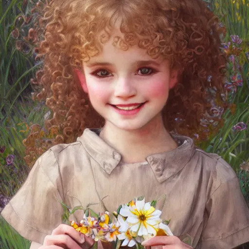 Prompt: a beautiful smiling little [[[[[[blonde toddler]]]]]] girl with short loosely curly hair, at the park on a beautiful day, holding a beautiful flower, by Artgerm, Mucha Klimt, Hiroshi Yoshida and Craig Mullins, featured on Artstation, CGSociety, Behance HD, Deviantart