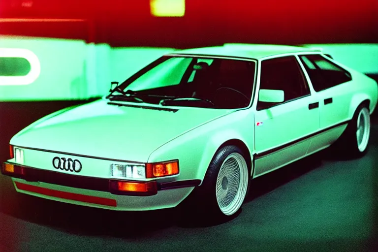 Image similar to designed by giorgetto giugiaro 1 9 7 7 audi rs 8, thick neon lights, ektachrome photograph, volumetric lighting, f 8 aperture, cinematic eastman 5 3 8 4 film