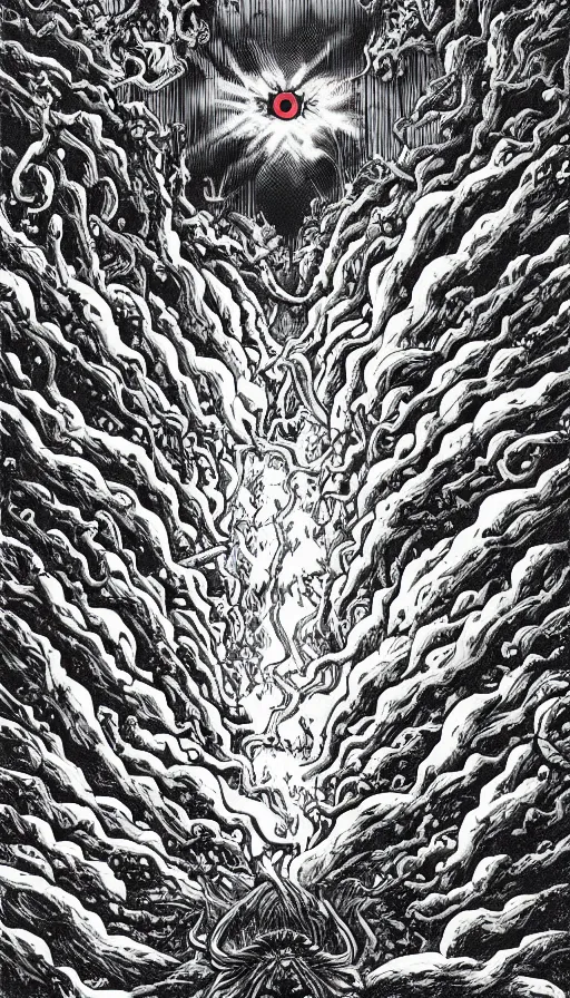 Prompt: a storm vortex made of many demonic eyes and teeth over a forest, by akira toriyama