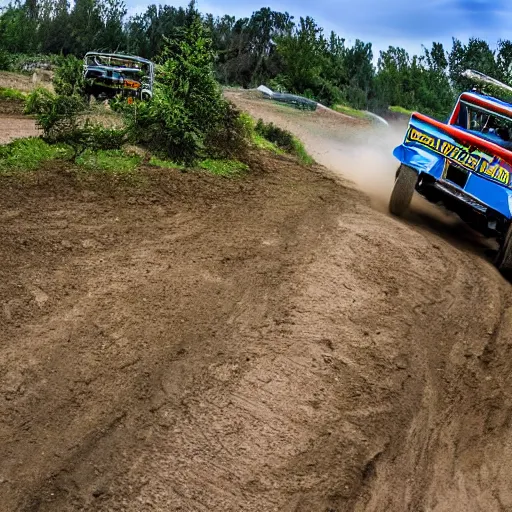 Prompt: spectacular jump of a classic off road race car over a hill, rear view