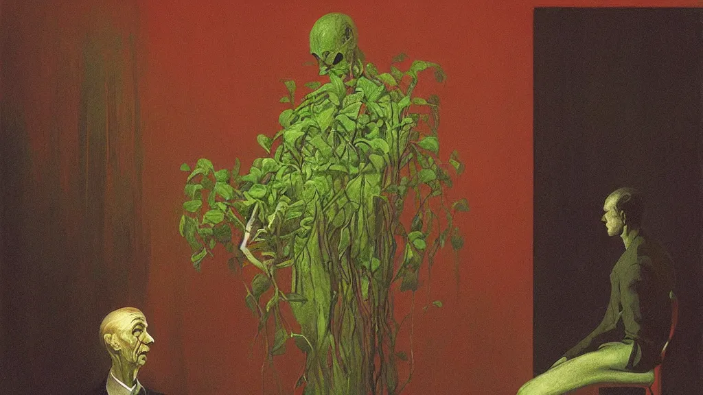 Prompt: portrait of a man and his plant, science fiction, Edward Hopper and James Gilleard, Zdzislaw Beksinski highly detailed