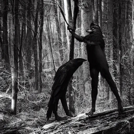 Image similar to !!! chimera consisting of male human and crow, photograph captured in a forest