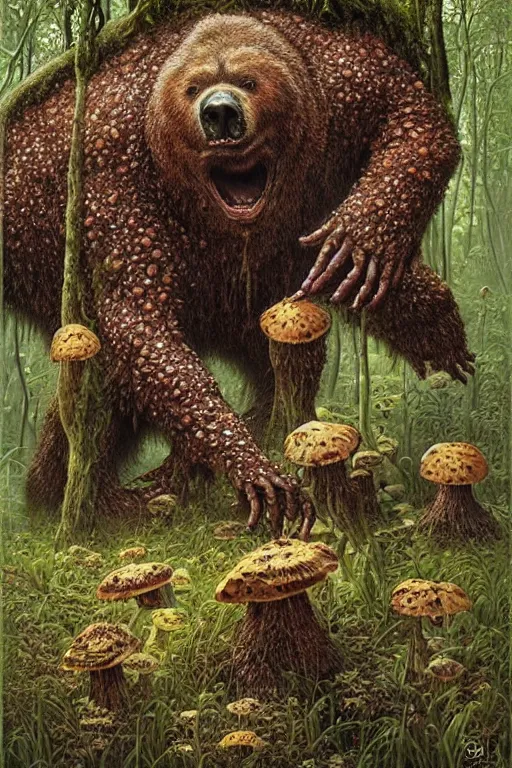 Prompt: a creepy, slimy swamp bear eating mushrooms that are growing out of its body. art by tomasz alen kopera and glenn fabry.