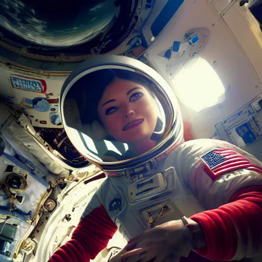 Image similar to a portrait of an intensely lit female astronaut in space station, red, oil painting, pale colors, high detail, 8 k, wide angle, trending on artstation,