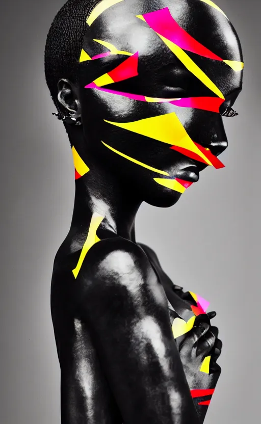 Image similar to extremely beautiful female black marble statue in the style of virgil abloh, colorful motocross logos behind her, sharp focus, clear, detailed,, cinematic, detailed, off white, glamourous, symmetrical, vogue, editorial, fashion, magazine shoot, glossy