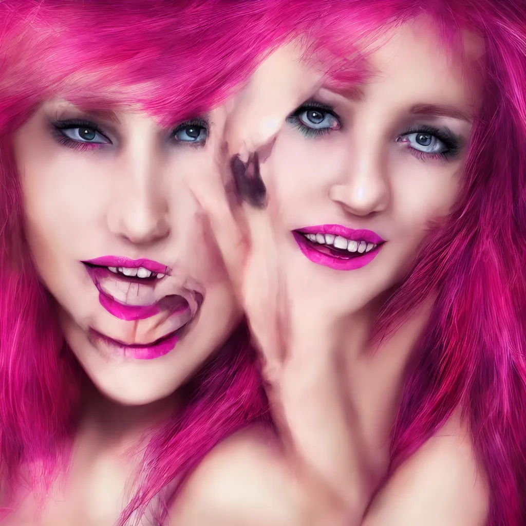 Image similar to ultra realistic portrait of a hot witch , colorful hair, pink lips, gorgeous smile, stunning, hottest, 8K resolution, deviantart,