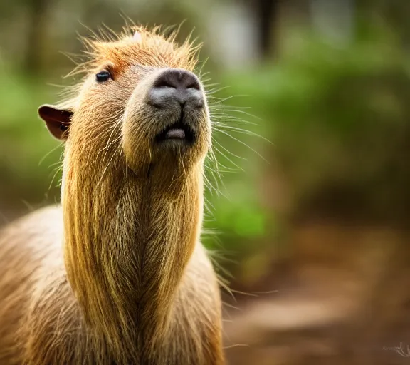 Image similar to a portrait of capybara with a mushroom cap growing on its head by luis royo. intricate. lifelike. soft light. sony a 7 r iv 5 5 mm. cinematic post - processing