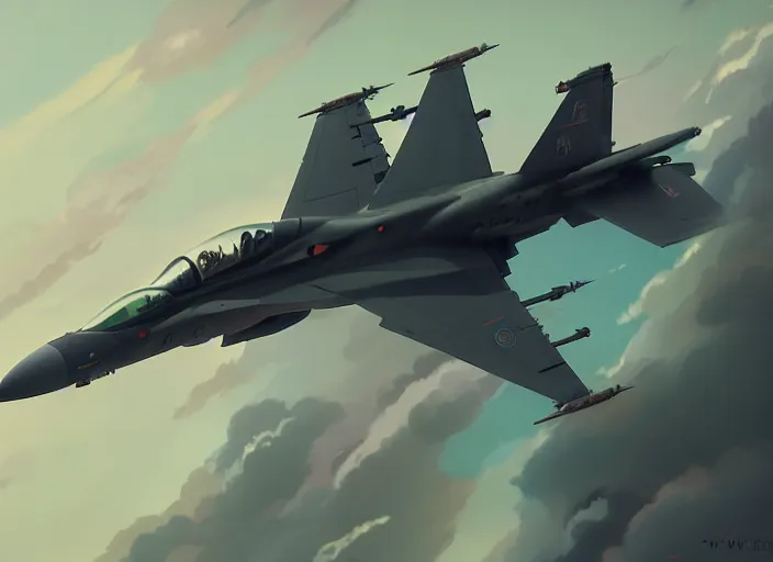 Image similar to portrait of figther jet evading, smoky sky background, lush landscape, illustration concept art anime key visual trending pixiv fanbox by wlop and greg rutkowski and makoto shinkai and studio ghibli and kyoto animation, us airforce, f 1 6, symmetrical mechanical features