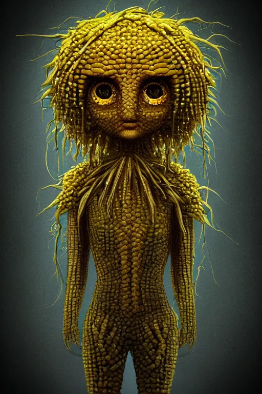 Image similar to corn dandelion humanoid figure monster, symmetrical, highly detailed, digital art, sharp focus, trending on art station, amber eyes, amber glowing