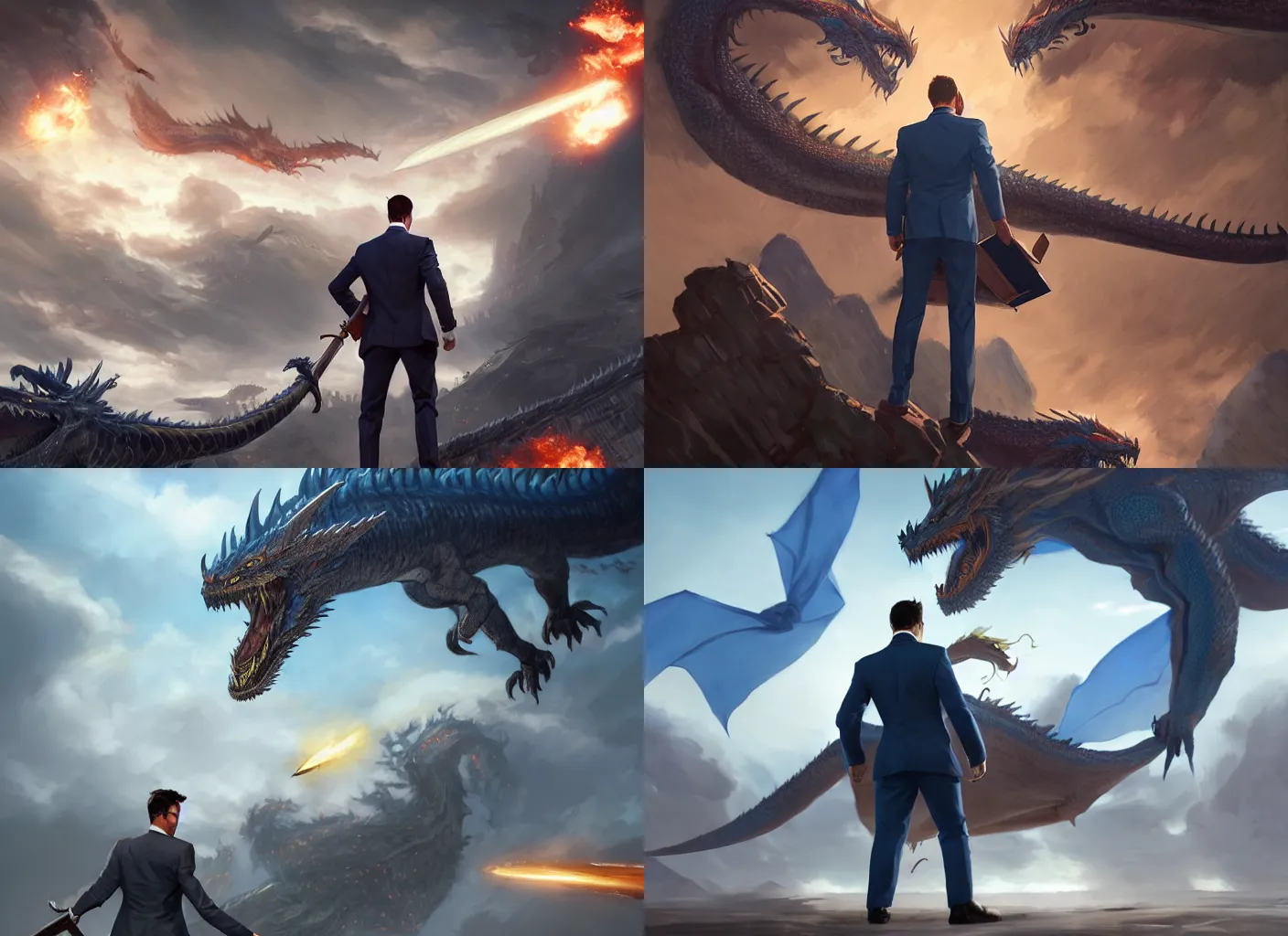 Prompt: cinematic artwork, wide shot of a man in a blue business suit with short brown hair holding a briefcase in one hand and a sword in the other, charging at a giant dragon by Greg Rutkowski, 4k, masterpiece