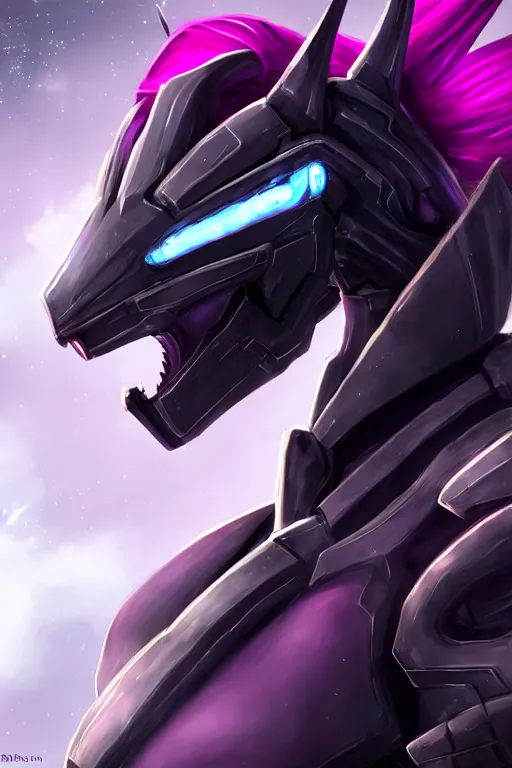Image similar to cinematic bust shot, elegant beautiful stunning giant robot mecha hot female goddess dragon, sharp spines, sharp metal ears, smooth purple eyes, smooth fuschia skin, elegant smooth silver armor, nebula size, in space, epic proportions, epic scale, warframe fanart, macro giantess, furry art, dragon art, goddess art, giantess art, furaffinity, octane