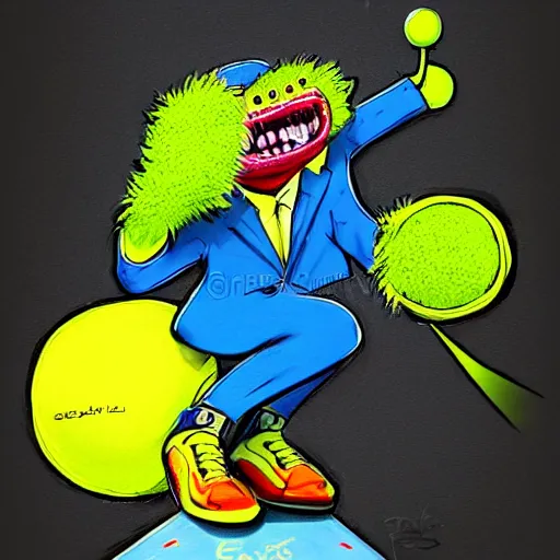 Prompt: a tennis ball monster, tennis ball, dark, chalky, riding on a skateboard, digital art, fantasy, magic, trending on artstation, ultra detailed, professional illustration by Basil Gogos